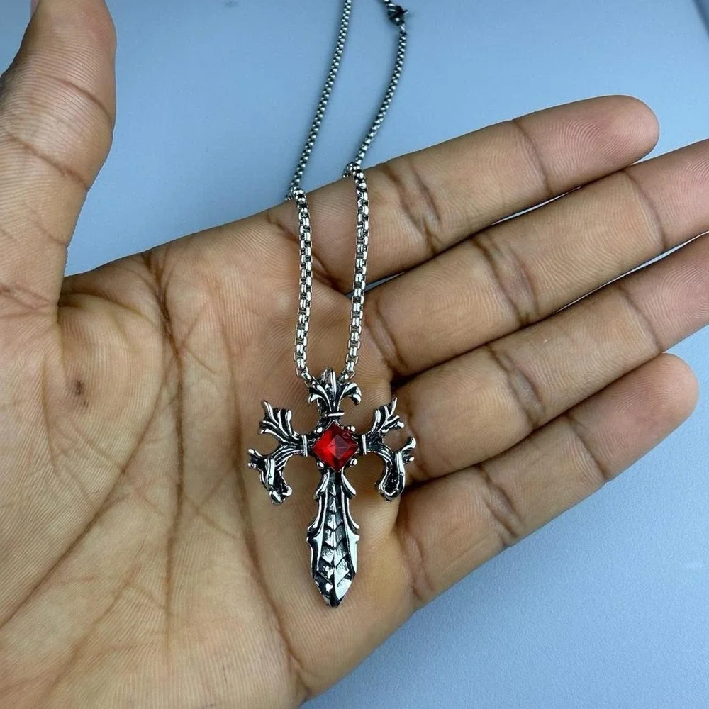 Silver Red Cross Necklace Stainless Steel Gothic Pendant 23 Inch Chain Mens